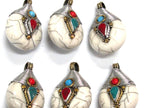 1 Pendant - Reversible Tibetan silver white crackle resin pendant with coiled wire bail design turquoise inlay - PM528