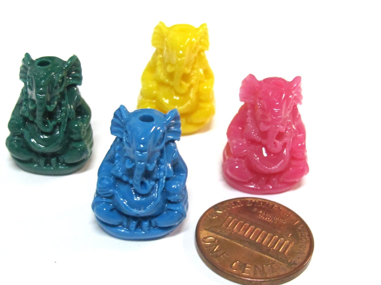 4 Ganesha beads - Green Blue yellow pink color resin seated Ganesha pendant beads 20 mm x 15 mm - BD784Ts