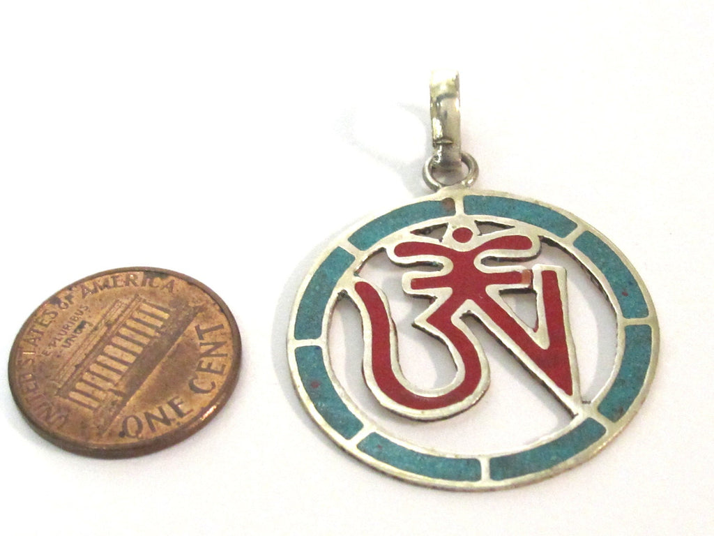 1 pendant - Tibetan Om Round shape with turquoise coral inlay - PM540C