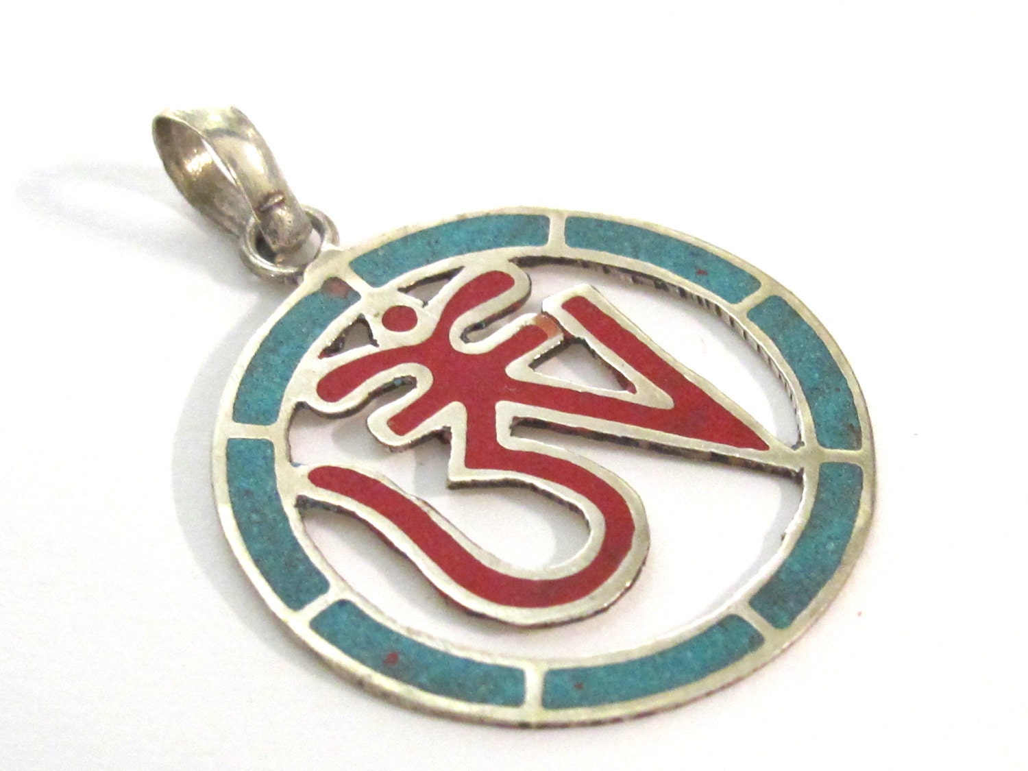 1 pendant - Tibetan Om Round shape with turquoise coral inlay - PM540C