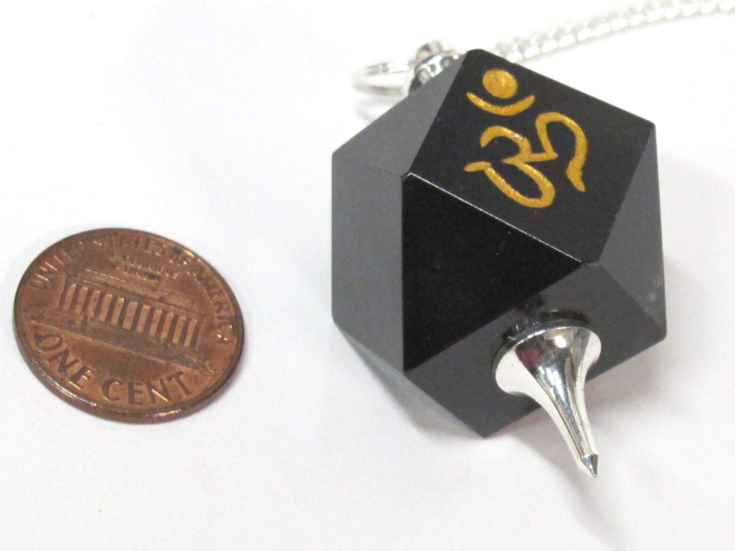 1 pendant - Black agate multi faceted healing gemstone crystal Om pendulum pendant - PM542