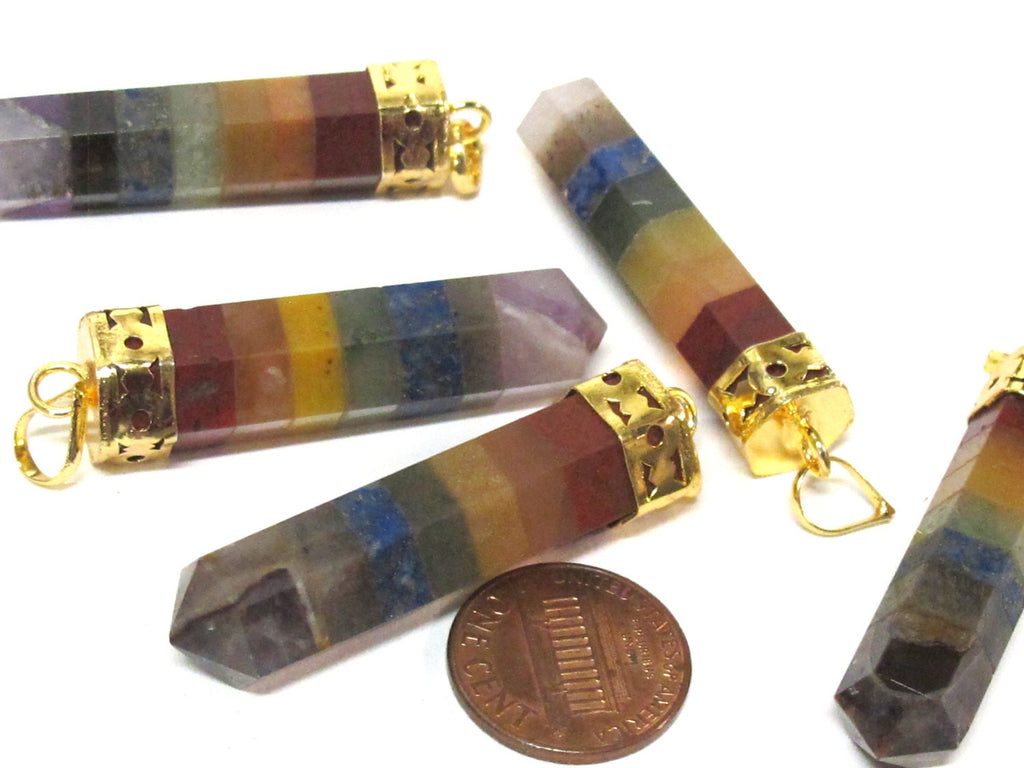 1 pendant - Chakra gemstones hexagon point pendant with gold plated bail - PM544