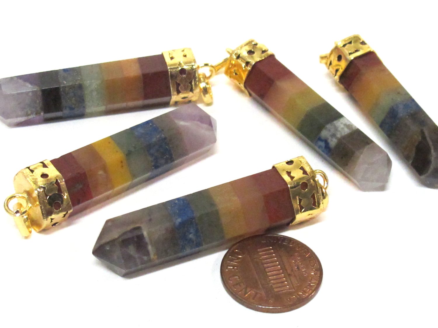 1 pendant - Chakra gemstones hexagon point pendant with gold plated bail - PM544