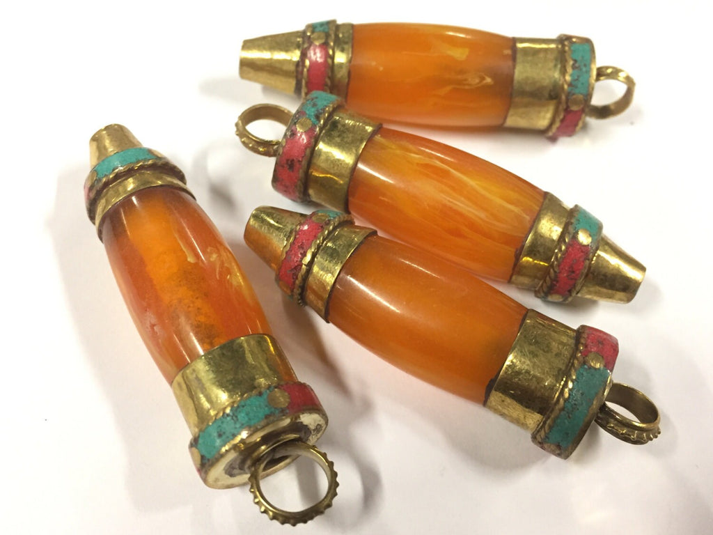 1 pendant - long Tibetan honey copal resin bullet shape pendant with brass cap and inlays - PM533