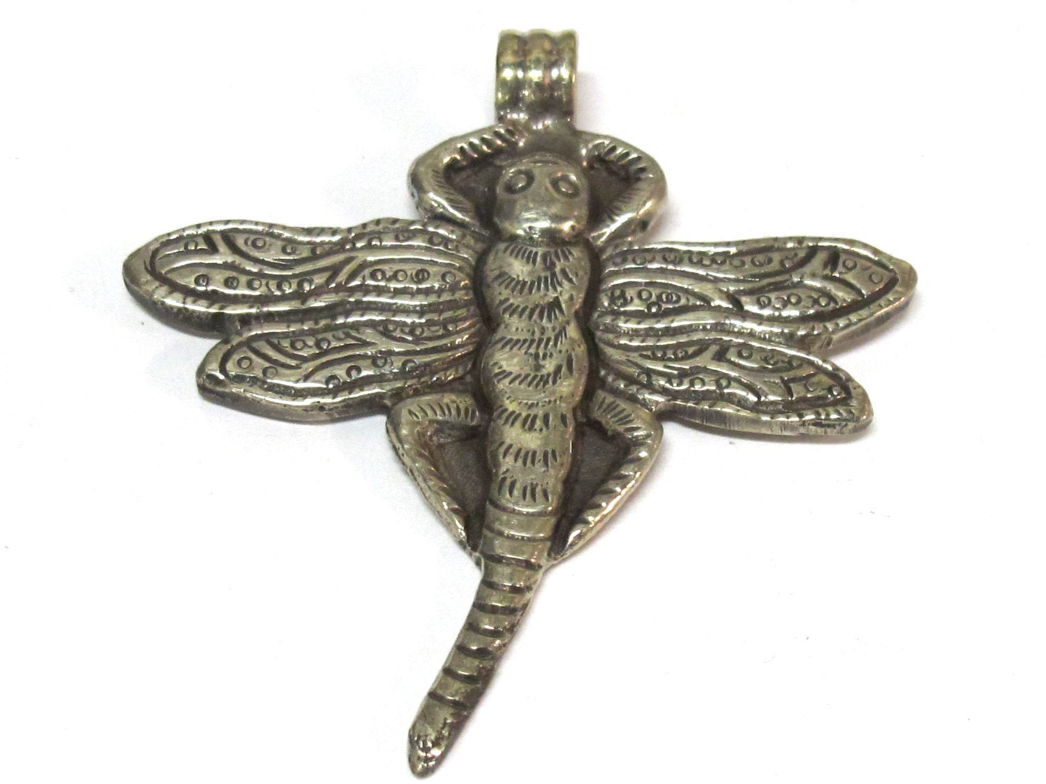1 Pendant - Tibetan silver carved Dragonfly pendant with reverse side flower carving repousse - PM346D