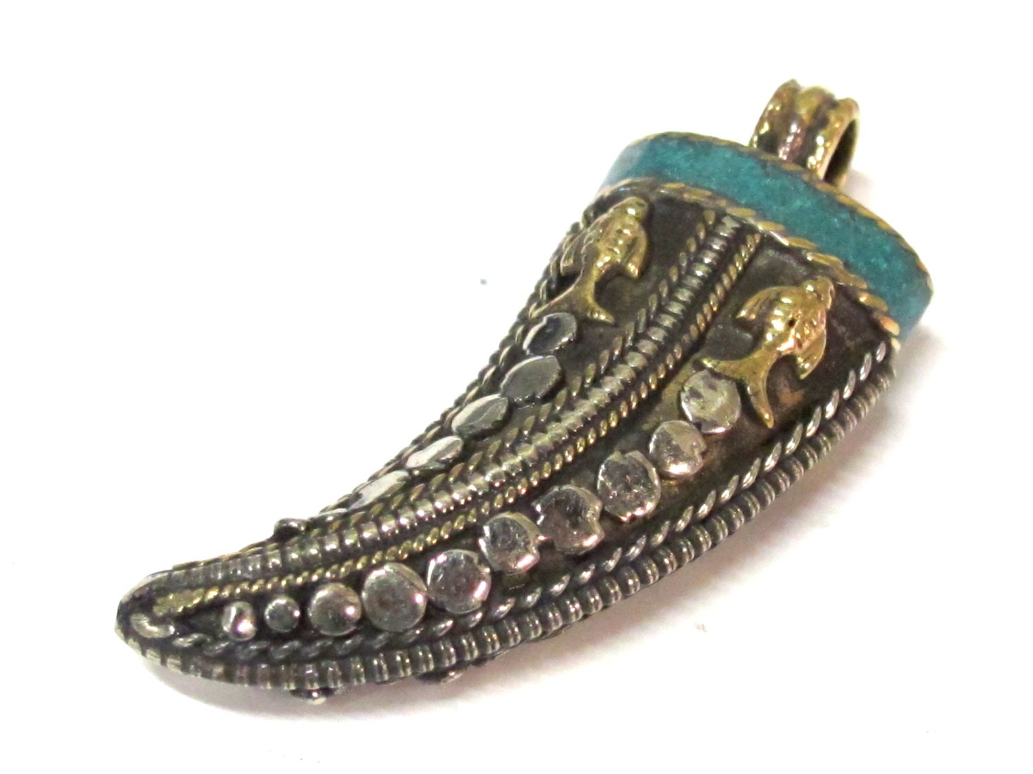 1 Pendant - Long Tibetan Brass silver dual color fish design pendant with turquoise inlay - PM535