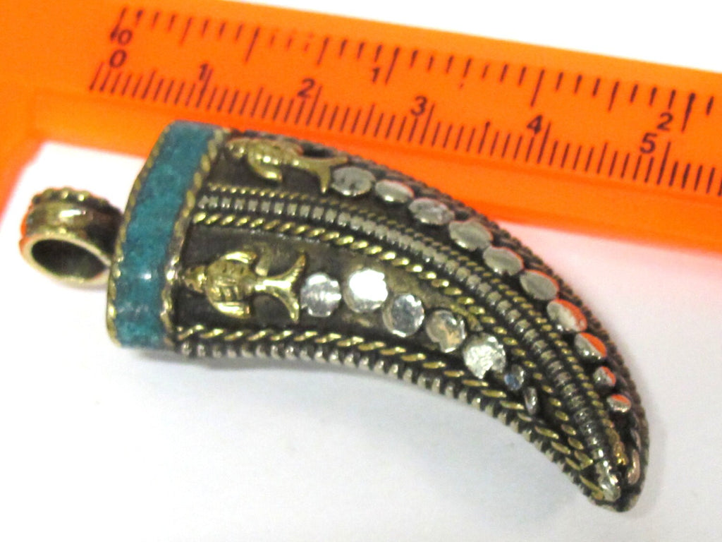 1 Pendant - Long Tibetan Brass silver dual color fish design pendant with turquoise inlay - PM535