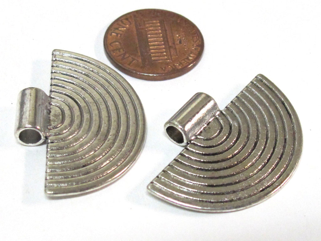 6 Pieces - Medium size half moon fan shape tribal charms concentric lines antiqued silver finish charm pendants 23 mm x 34 mm - CM199