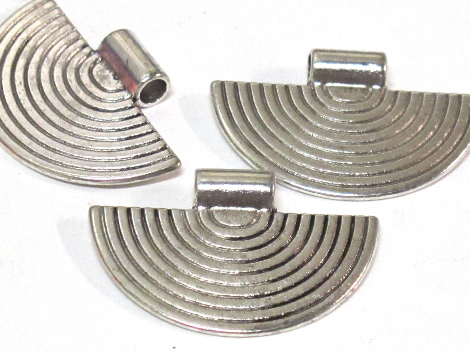 6 Pieces - Medium size half moon fan shape tribal charms concentric lines antiqued silver finish charm pendants 23 mm x 34 mm - CM199