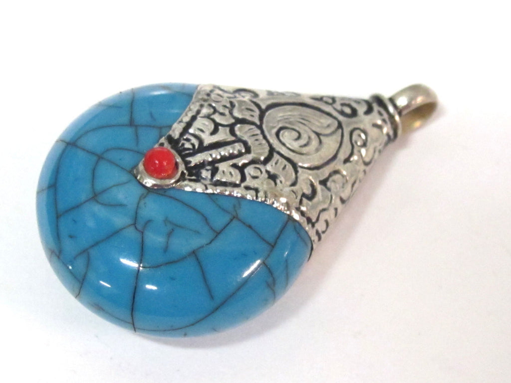 1 pendant - Tibetan silver blue crackle resin reversible pendant with lotus carved design on bail - PM536