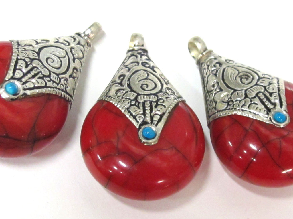 1 pendant - Tibetan silver red crackle resin reversible pendant with lotus carved design on bail - PM537