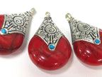 1 pendant - Tibetan silver red crackle resin reversible pendant with lotus carved design on bail - PM537