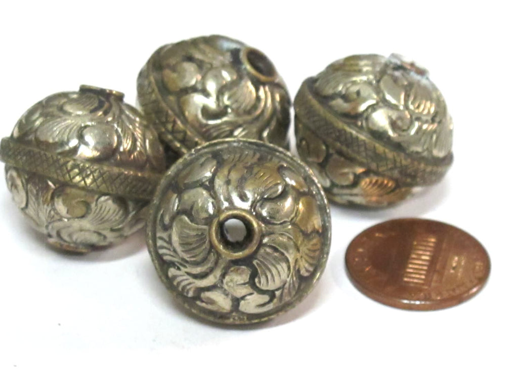 1 Bead - Tibetan bead antiqued finish floral repousse design focal pendant bead from Nepal - BD009A