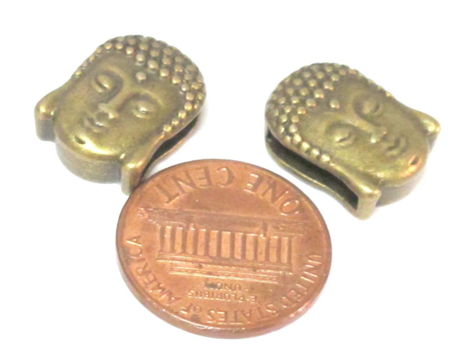 2 Beads- Antiqued brass tone large hole slider Tibetan Buddha bead - BD111A