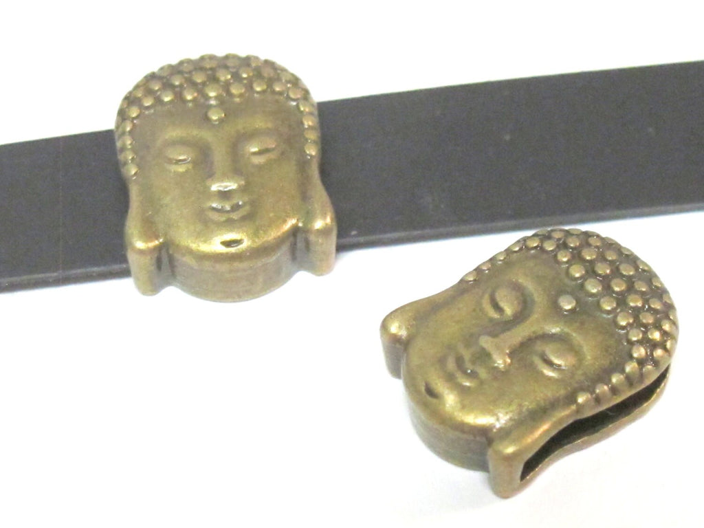 2 Beads- Antiqued brass tone large hole slider Tibetan Buddha bead - BD111A