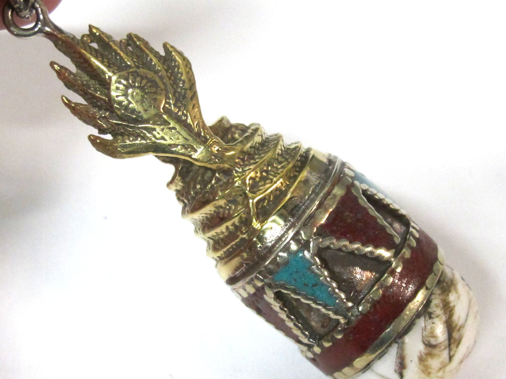 Tibetan Buddha Naga Conch shell pendant with turquoise coral and lapis inlay - Seated meditation buddha pendant - PM267M