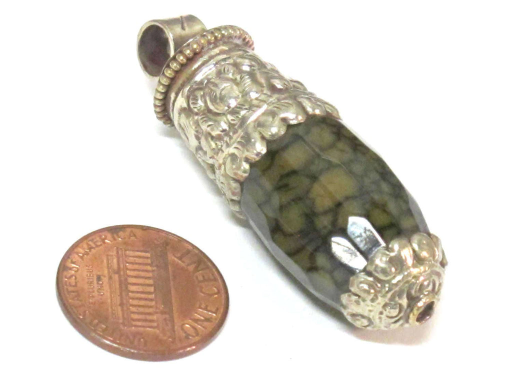 1 Pendant - Tibetan bullet shape honey color dragon veins agate gemstone pendant - Ethnic nepal jewelry making supply - PM551