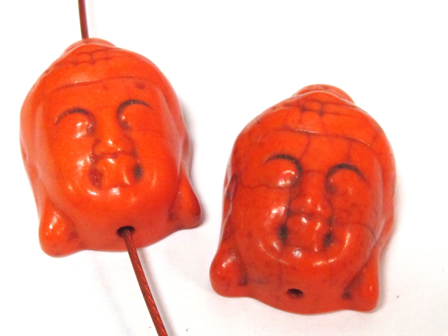 2 BEADS - Orange color turquoise howlite Buddha bead - BD287A