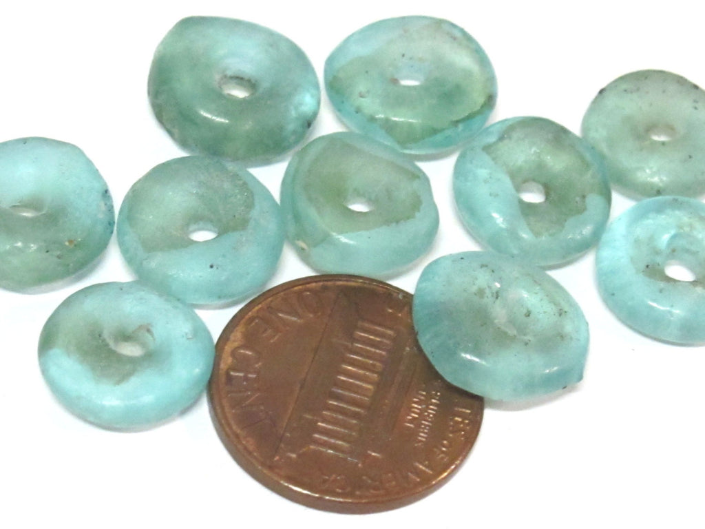 10 BEADS - Blue African recycled glass donut shape disc beads - AB055