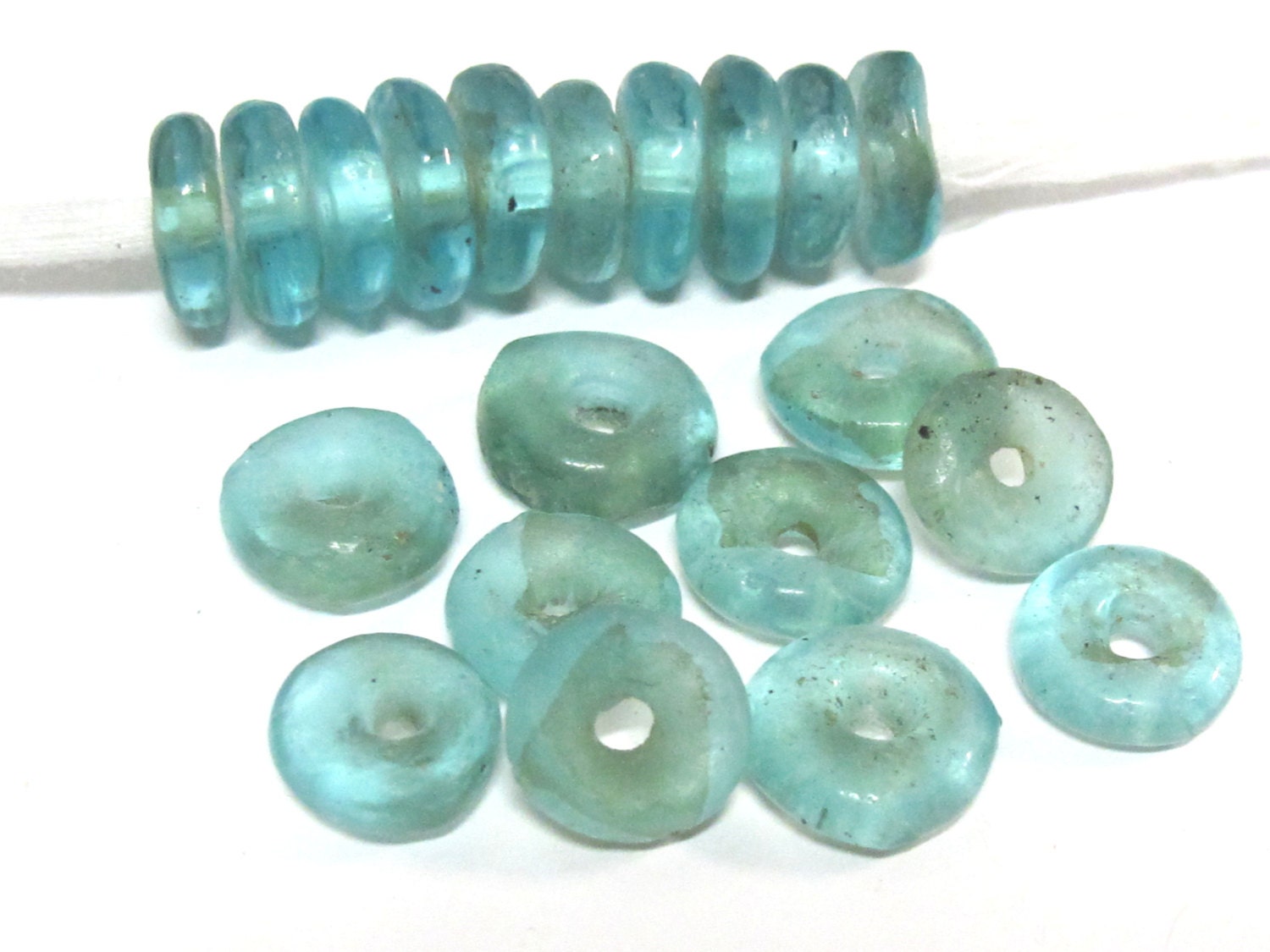 10 BEADS - Blue African recycled glass donut shape disc beads - AB055