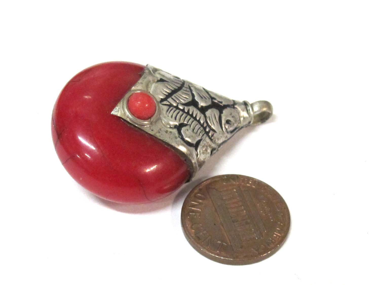 1 Pendant -Tibetan silver red copal resin reversible pendant with floral design on bail - PM554A