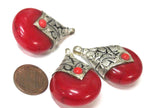 1 Pendant -Tibetan silver red copal resin reversible pendant with floral design on bail - PM554A