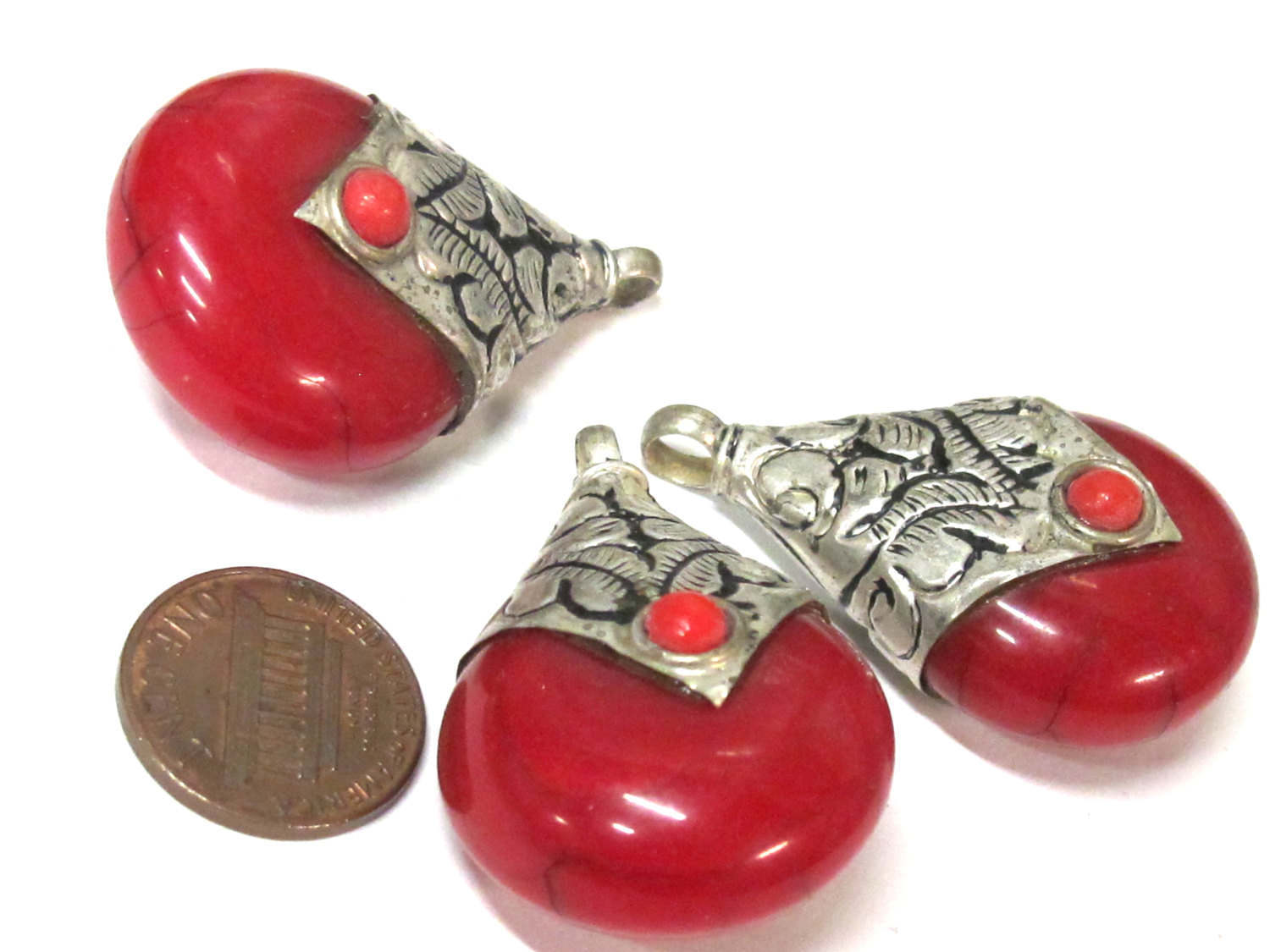 1 Pendant -Tibetan silver red copal resin reversible pendant with floral design on bail - PM554A