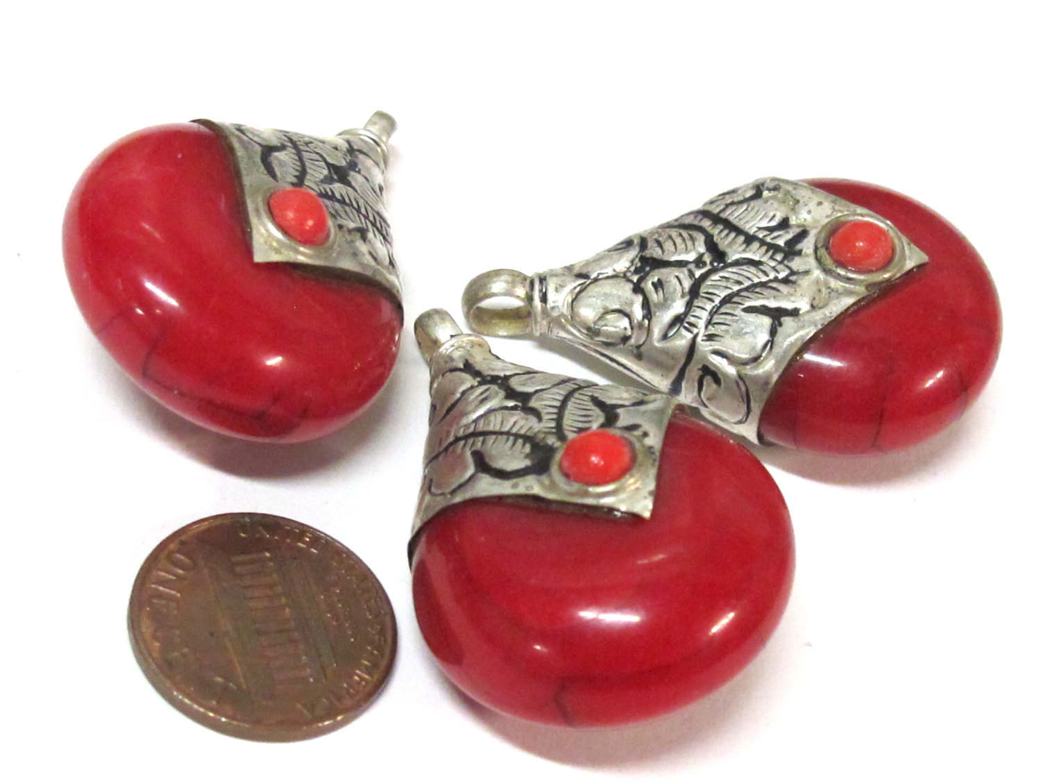 1 Pendant -Tibetan silver red copal resin reversible pendant with floral design on bail - PM554A