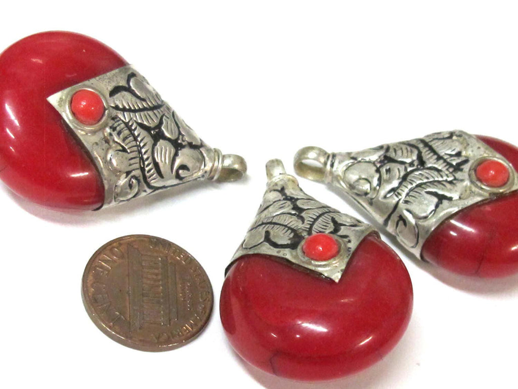 1 Pendant -Tibetan silver red copal resin reversible pendant with floral design on bail - PM554A