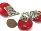 1 Pendant -Tibetan silver red copal resin reversible pendant with floral design on bail - PM554A