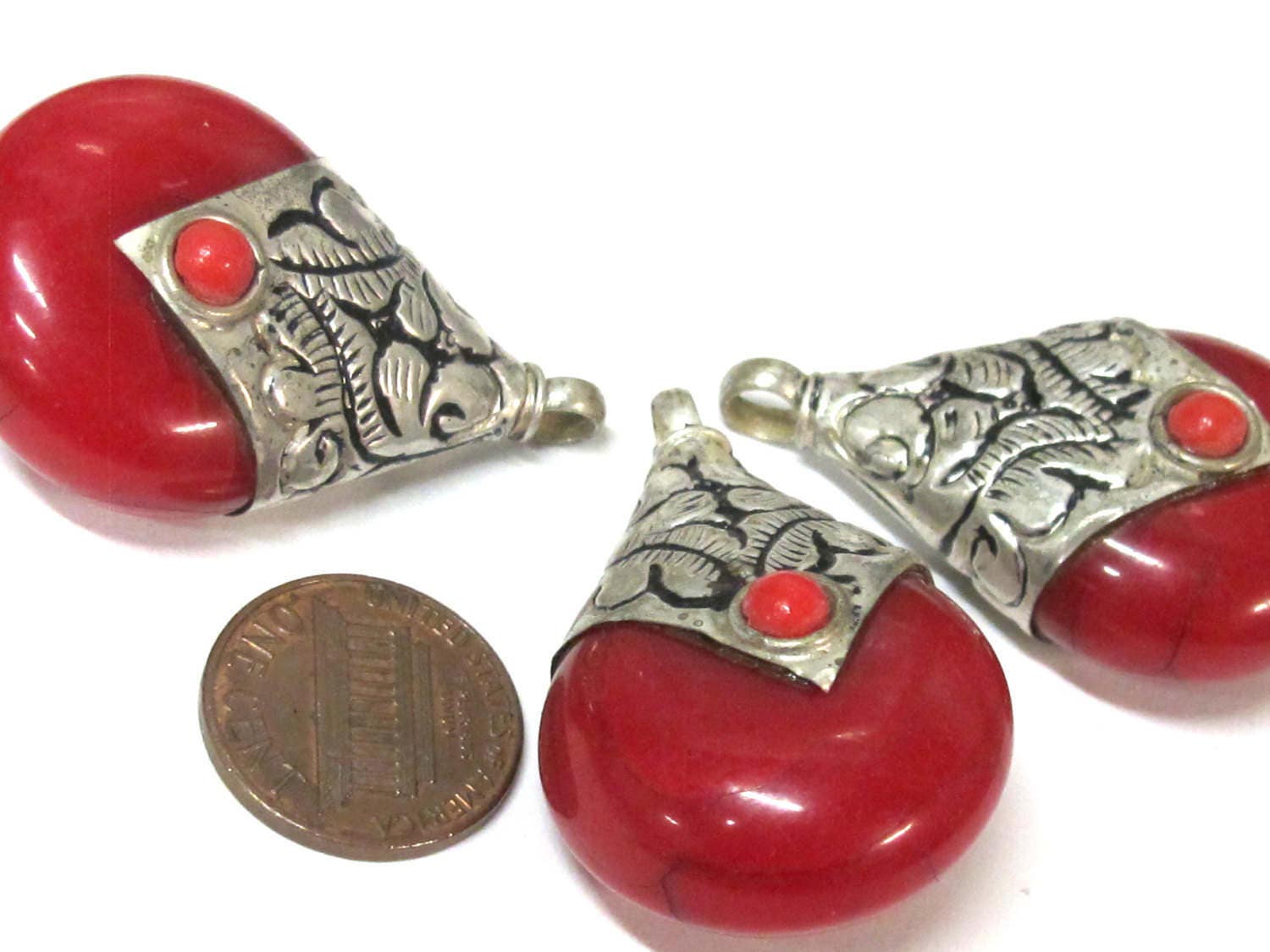 1 Pendant -Tibetan silver red copal resin reversible pendant with floral design on bail - PM554A
