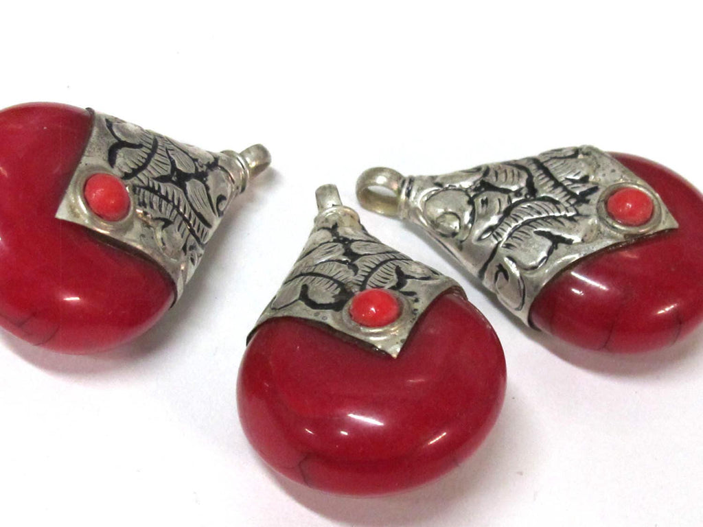 1 Pendant -Tibetan silver red copal resin reversible pendant with floral design on bail - PM554A