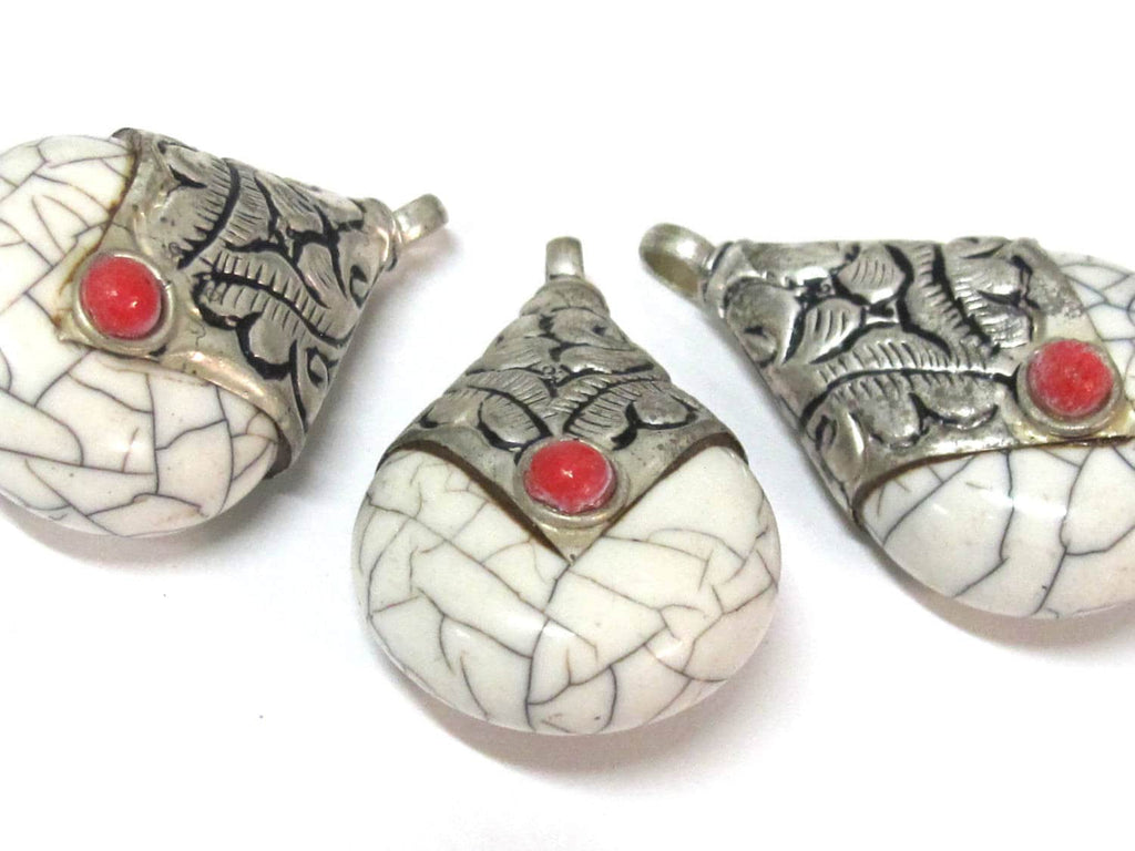 1 Pendant -Tibetan silver white crackle resin reversible pendant with floral design on bail - PM554B