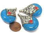 1 Pendant -Tibetan silver blue crackle resin reversible pendant with floral design on bail - PM554C