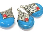 1 Pendant -Tibetan silver blue crackle resin reversible pendant with floral design on bail - PM554C