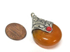 1 Pendant - Tibetan silver yellow honey copal resin reversible pendant with floral design on bail - PM554D