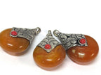 1 Pendant - Tibetan silver yellow honey copal resin reversible pendant with floral design on bail - PM554D
