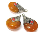 1 Pendant - Tibetan silver yellow honey copal resin reversible pendant with floral design on bail - PM554D