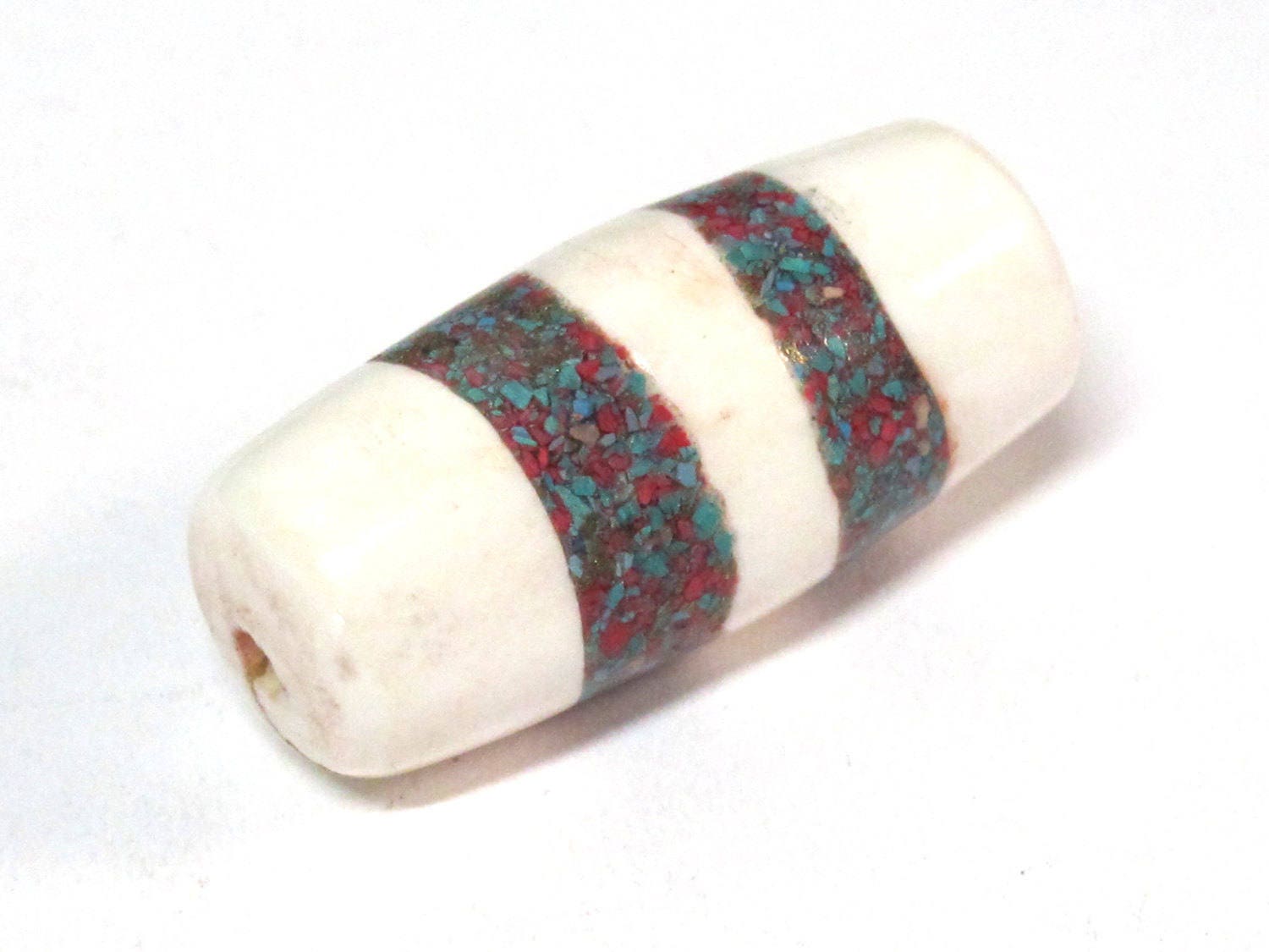 1 Bead - Large long thick size Tibetan naga conch shell beads with turquoise inlay - CH068