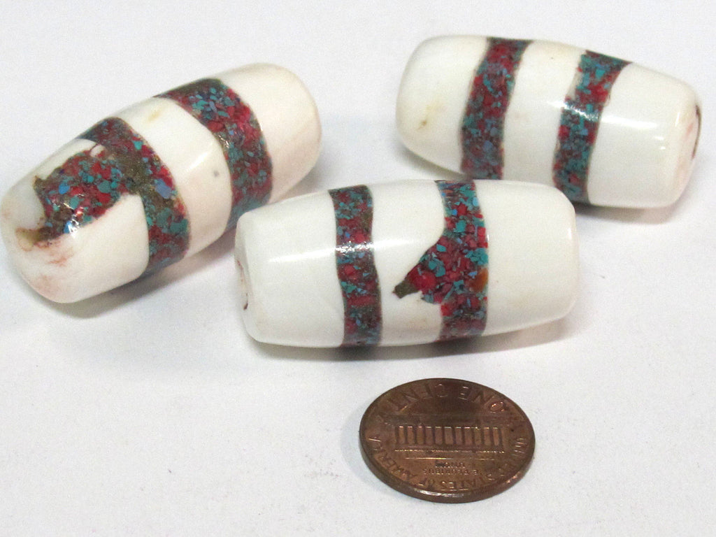 2 Beads - Large long thick size Tibetan naga conch shell beads with turquoise inlay - CH068s