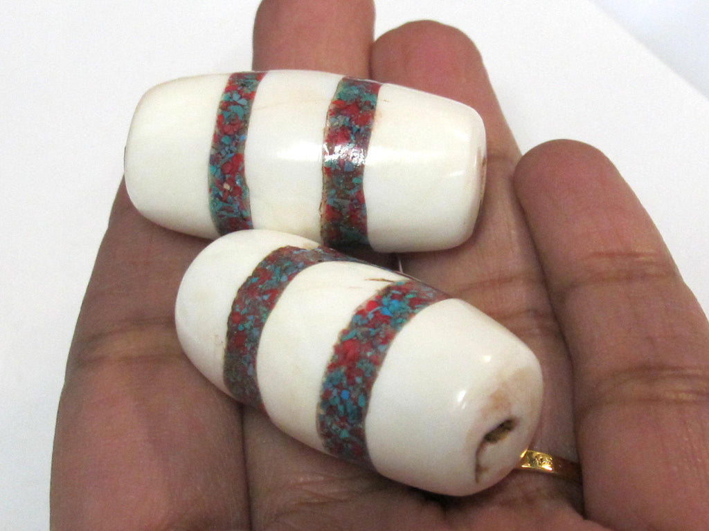 2 Beads - Large long thick size Tibetan naga conch shell beads with turquoise inlay - CH068s