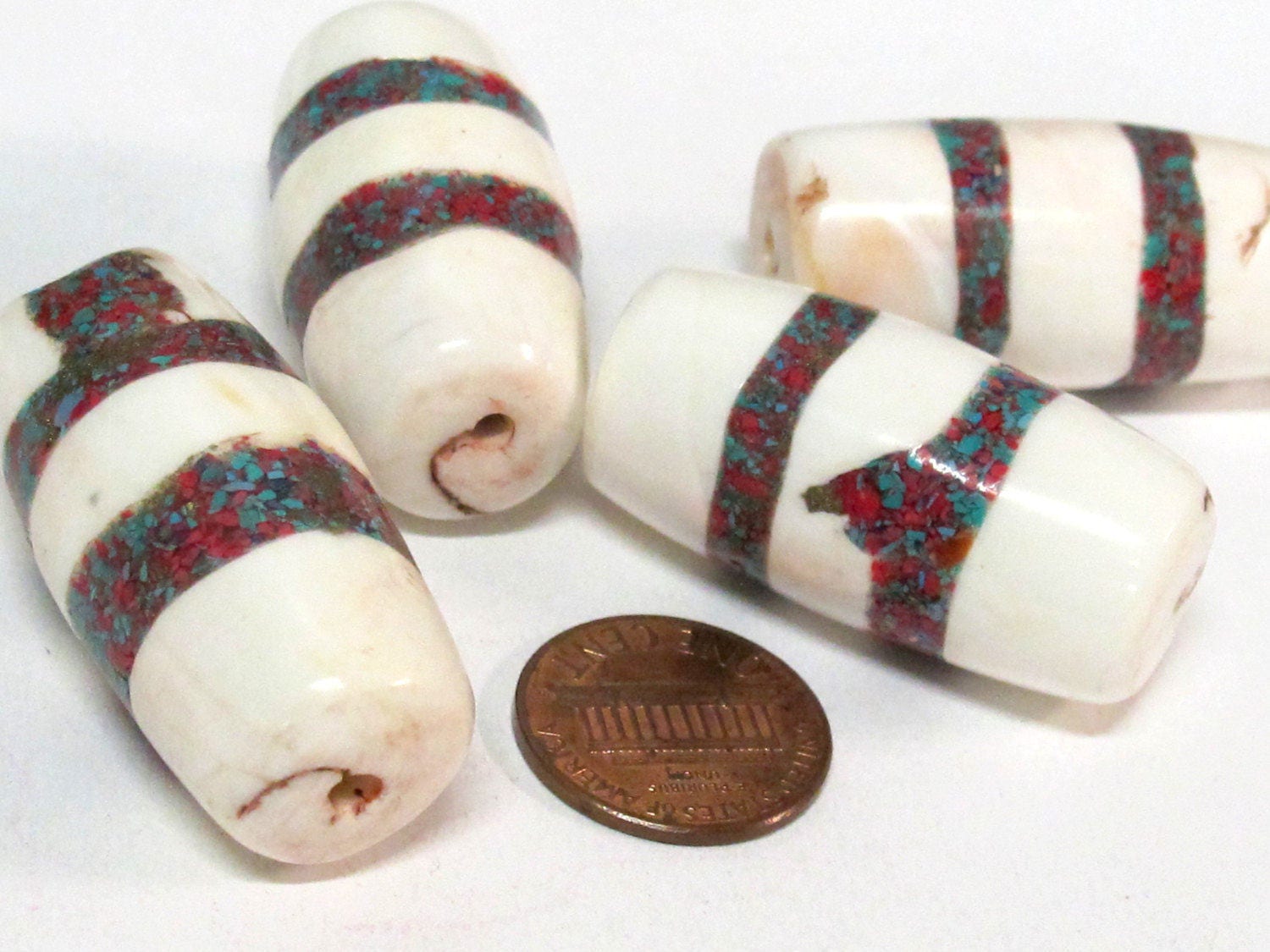 1 Bead - Large long thick size Tibetan naga conch shell beads with turquoise inlay - CH068