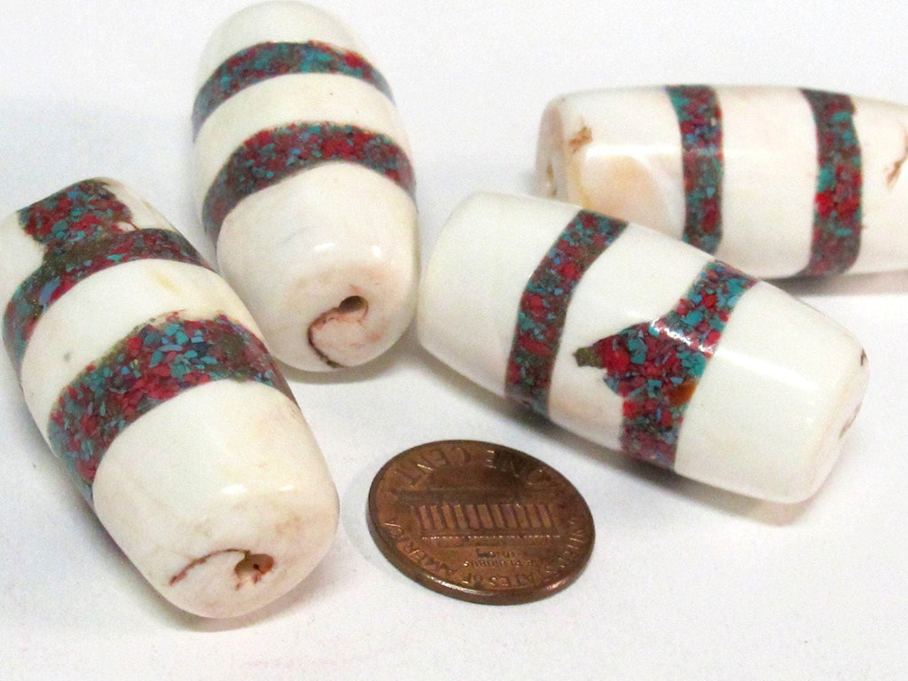 2 Beads - Large long thick size Tibetan naga conch shell beads with turquoise inlay - CH068s