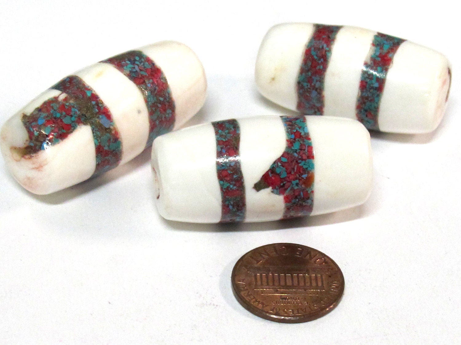 1 Bead - Large long thick size Tibetan naga conch shell beads with turquoise inlay - CH068