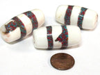 2 Beads - Large long thick size Tibetan naga conch shell beads with turquoise inlay - CH068s