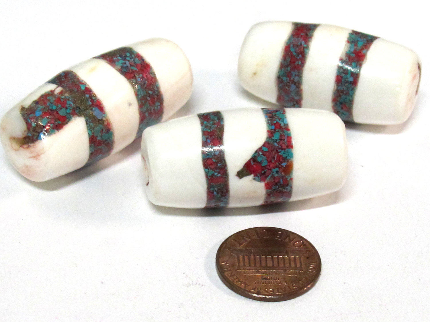2 Beads - Large long thick size Tibetan naga conch shell beads with turquoise inlay - CH068s