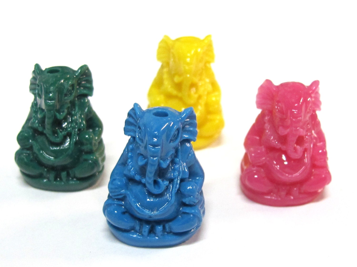4 Ganesha beads - Green Blue yellow pink color resin seated Ganesha pendant beads 20 mm x 15 mm - BD784Ts