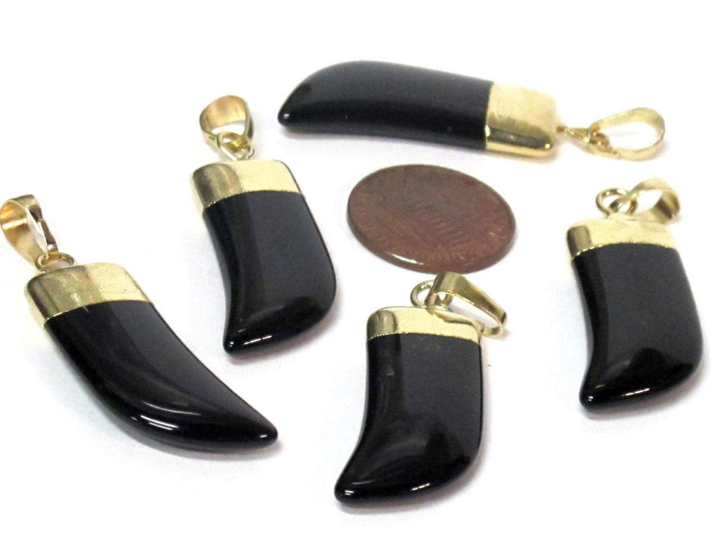 1 Pendant - Black agate gemstone horn tusk shape pendant with golden bail - PM324F