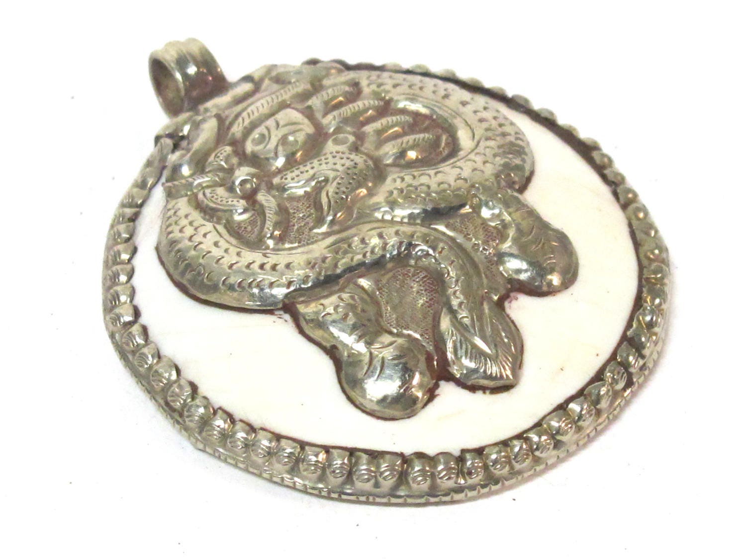 1 pendant - Large bold Tibetan Silver Repousse tribal naga conch shell pendant with tibetan dragon carving - PM491