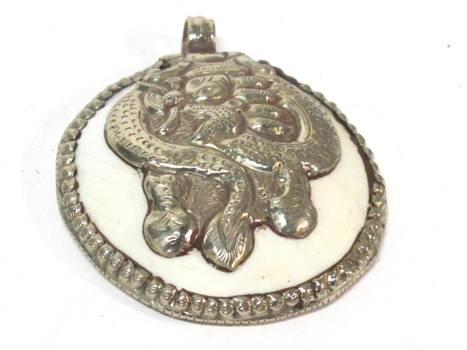1 pendant - Large bold Tibetan Silver Repousse tribal naga conch shell pendant with tibetan dragon carving - PM491